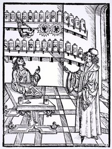 Aptekarz, z „Das Buch der Cirugia” wydanego w Strasburgu w 1497 r.
